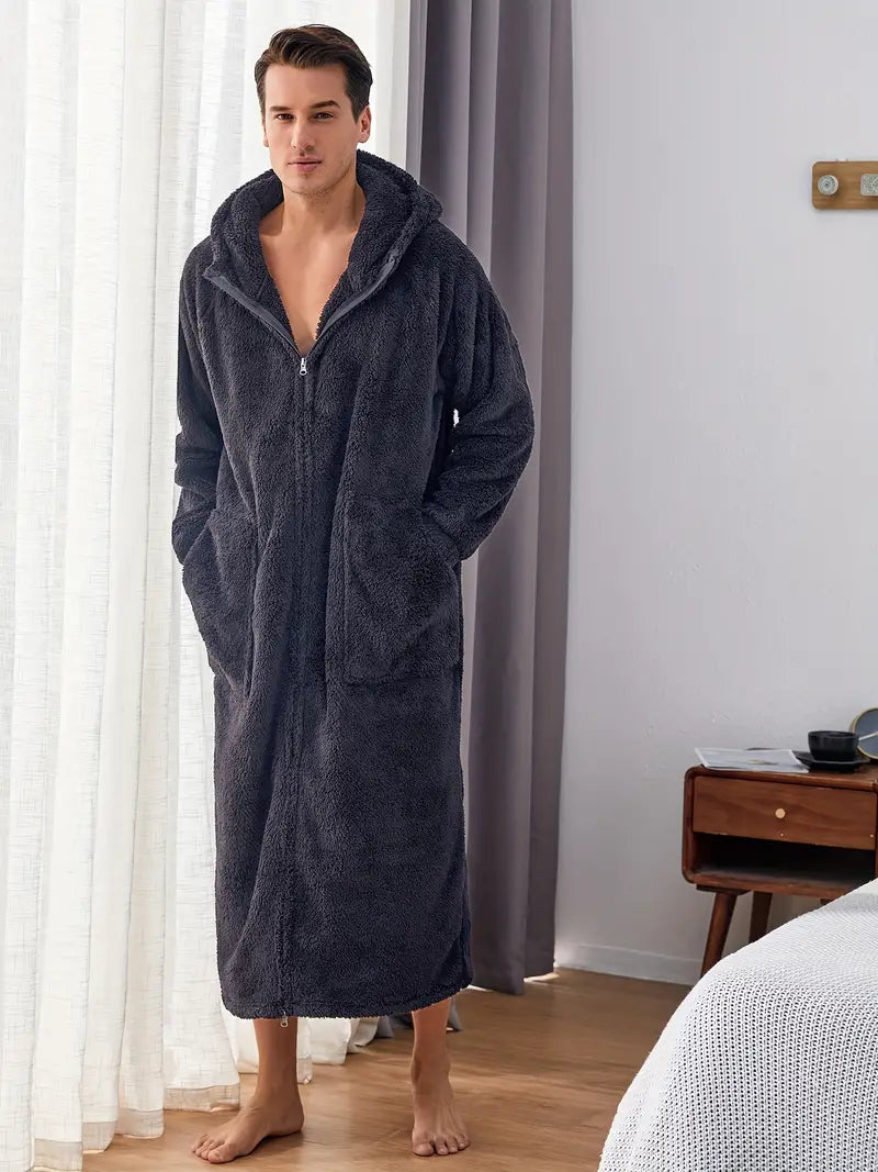 Men's long hooded towelling bathrobe