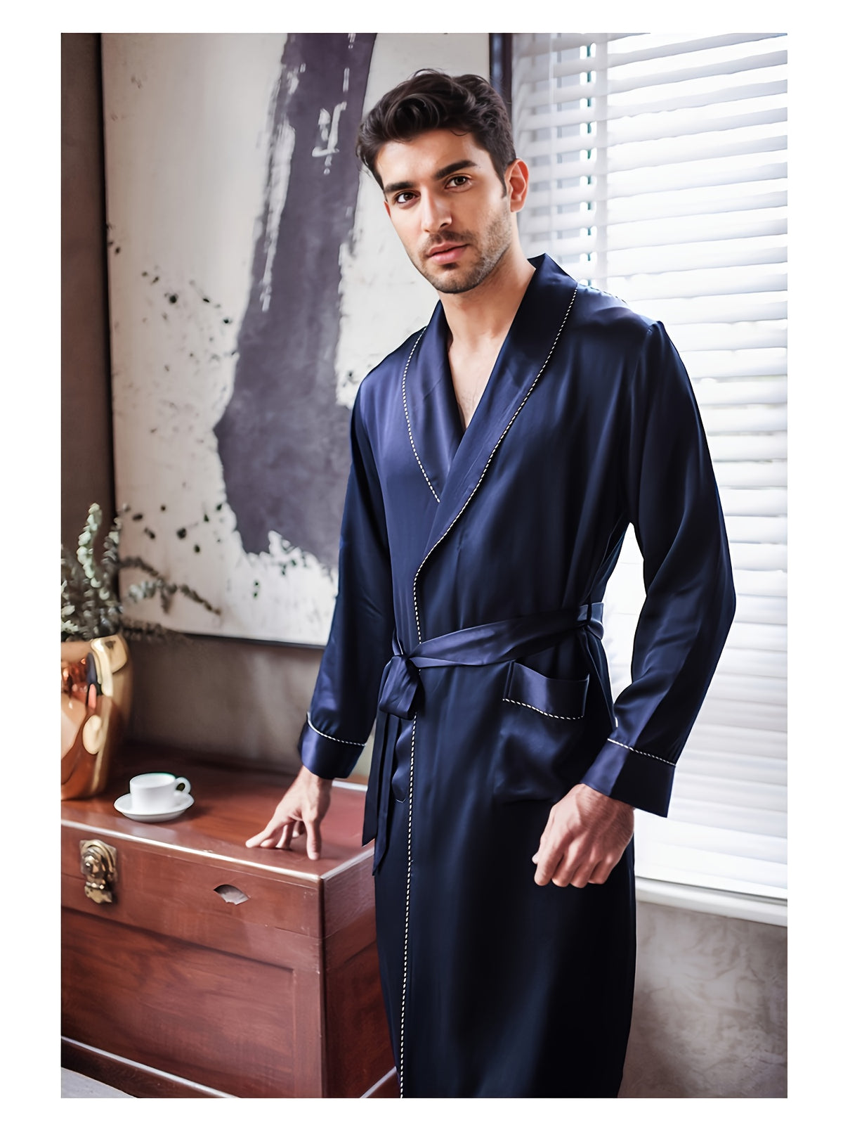 Men's navy mulberry silk dressing gown