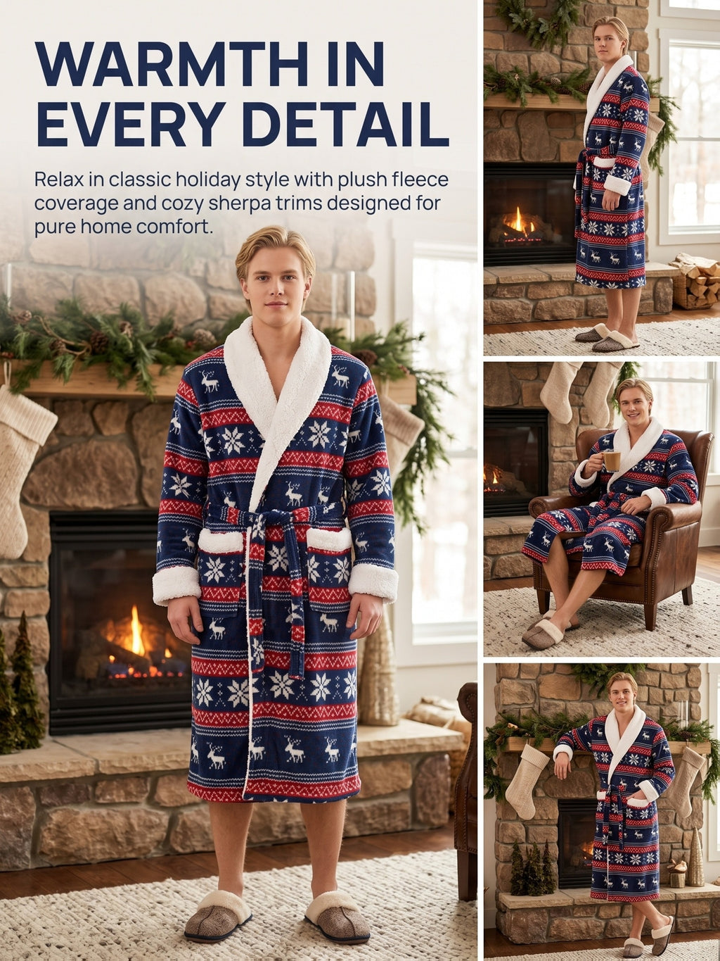 Men's navy Fair Isle Christmas flannel dressing gown