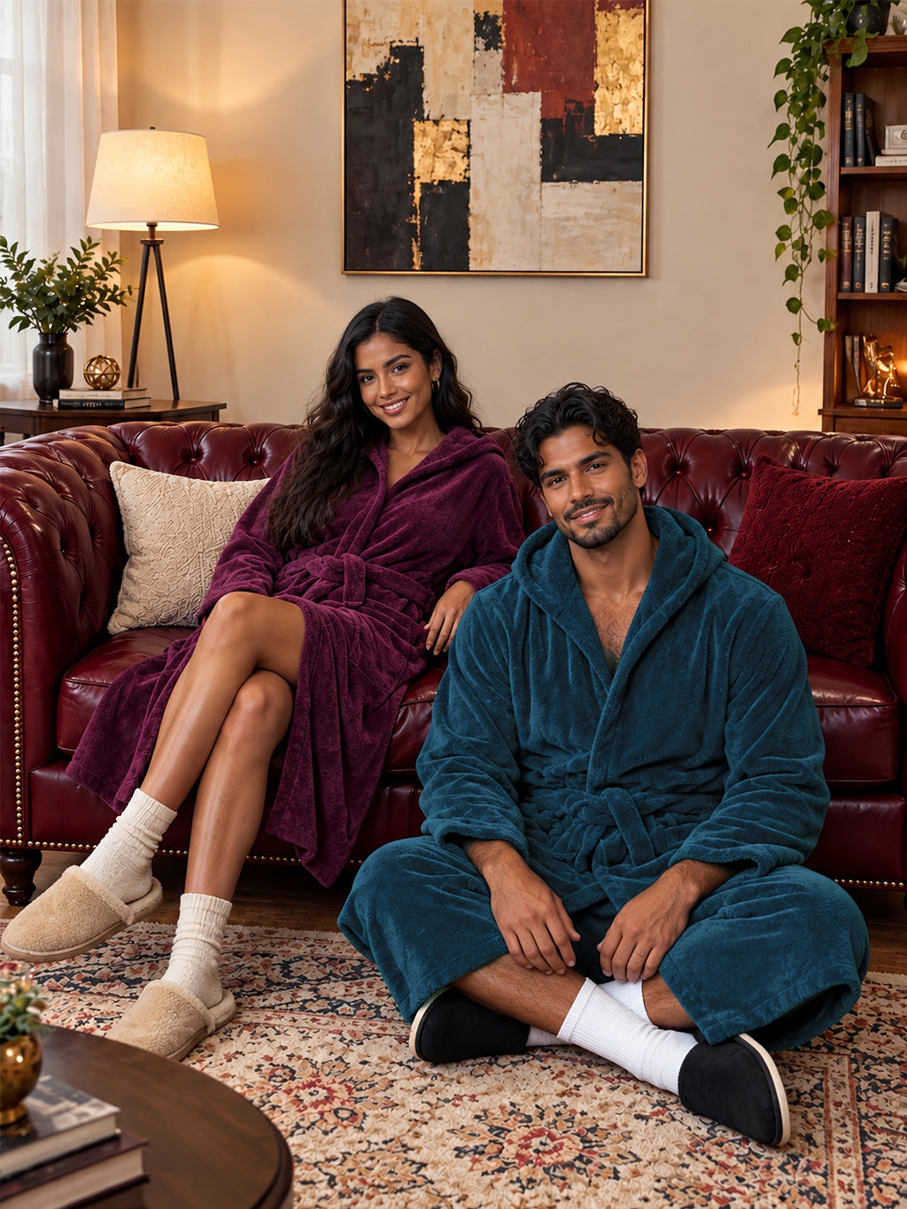 Unisex long hooded fleece bathrobe