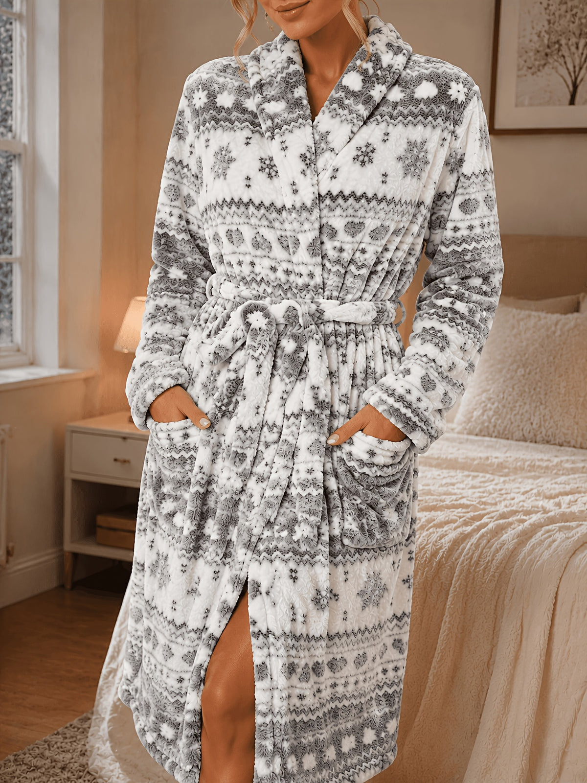 Women's grey flannel hooded dressing gown