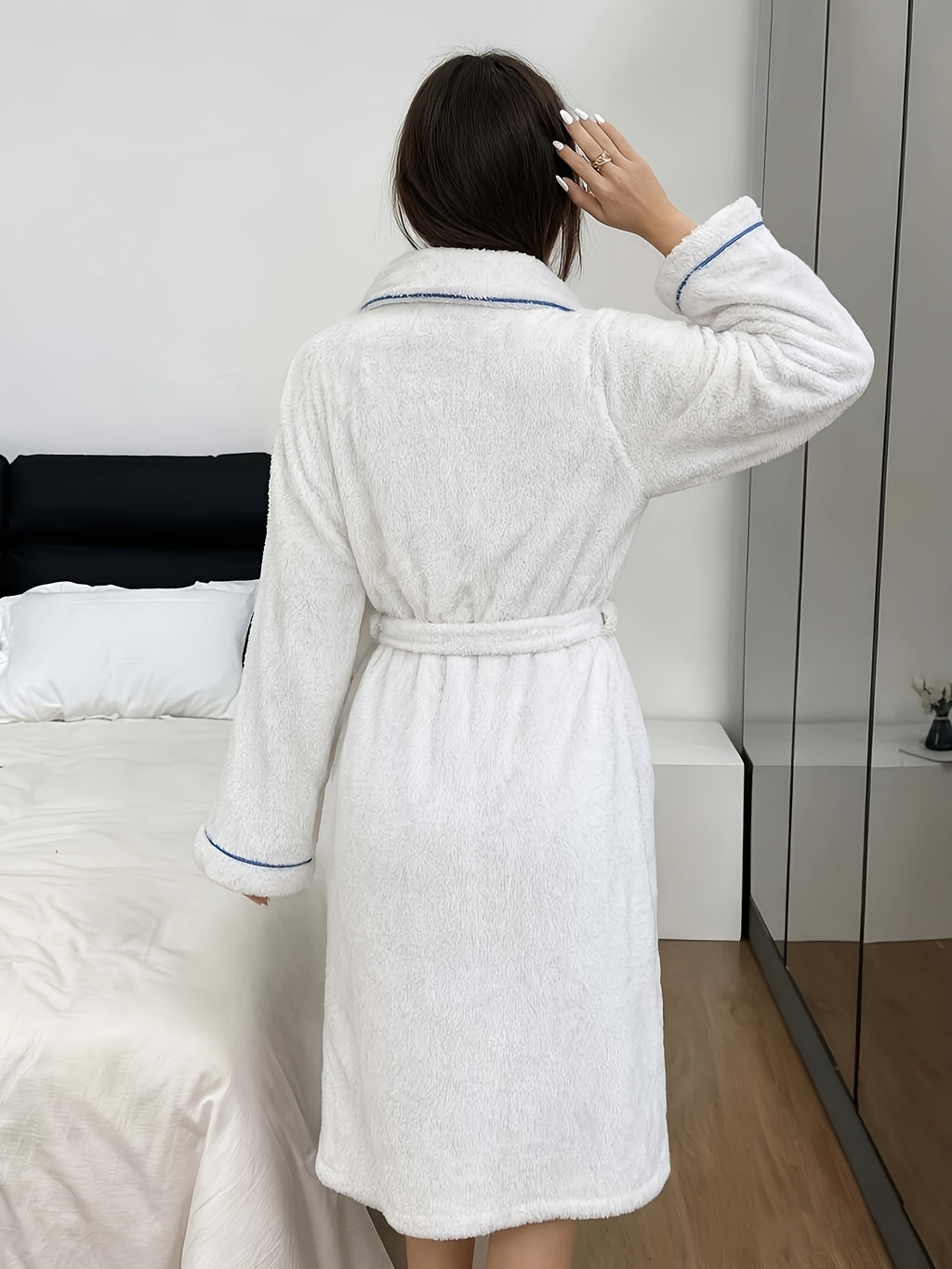 Women's white long fluffy fleece bathrobe