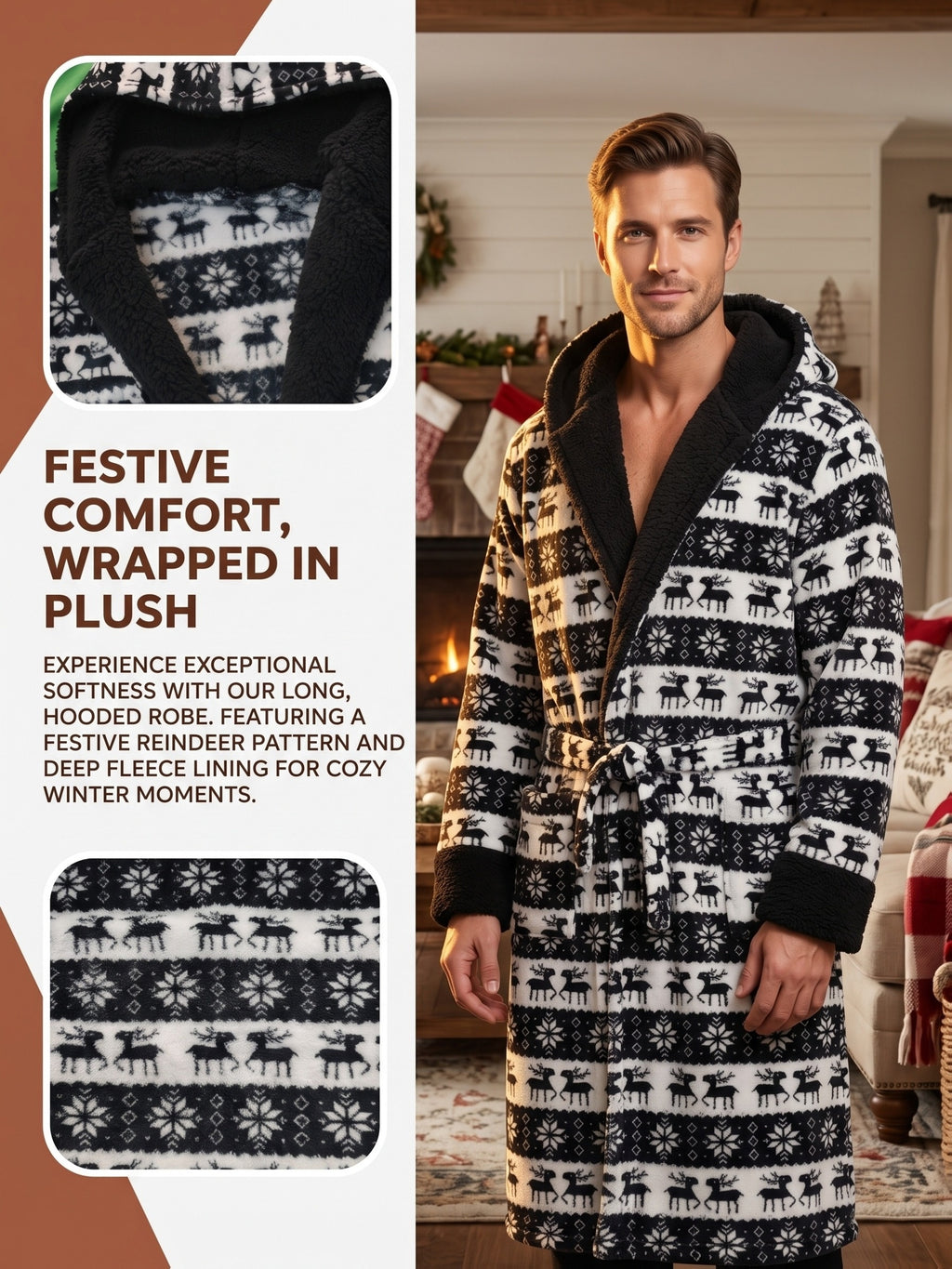 Men's black Fair Isle hooded Christmas dressing gown