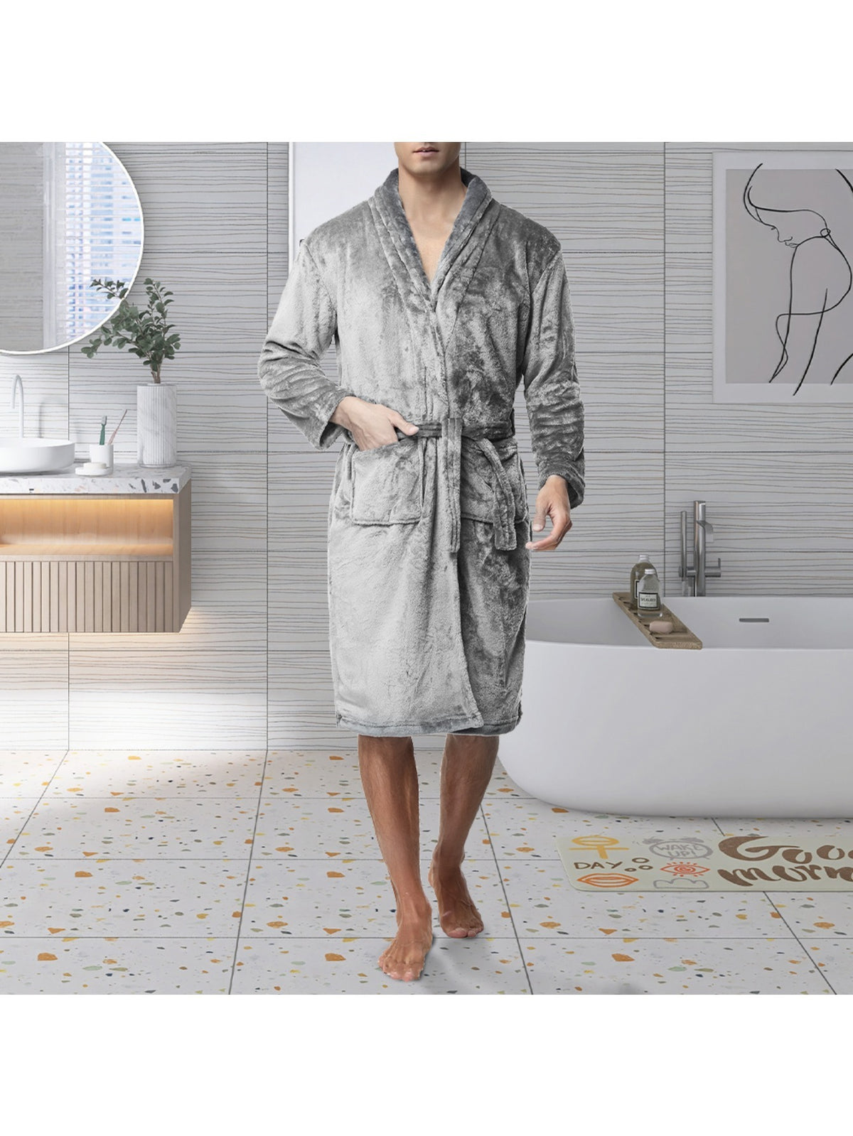 Unisex grey long towelling bathrobe