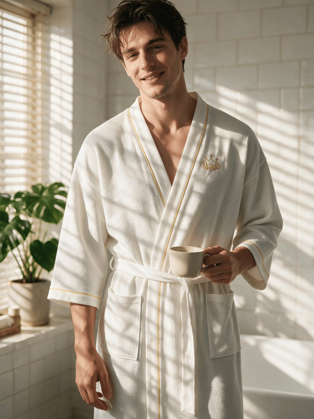 Men's black waffle bathrobe