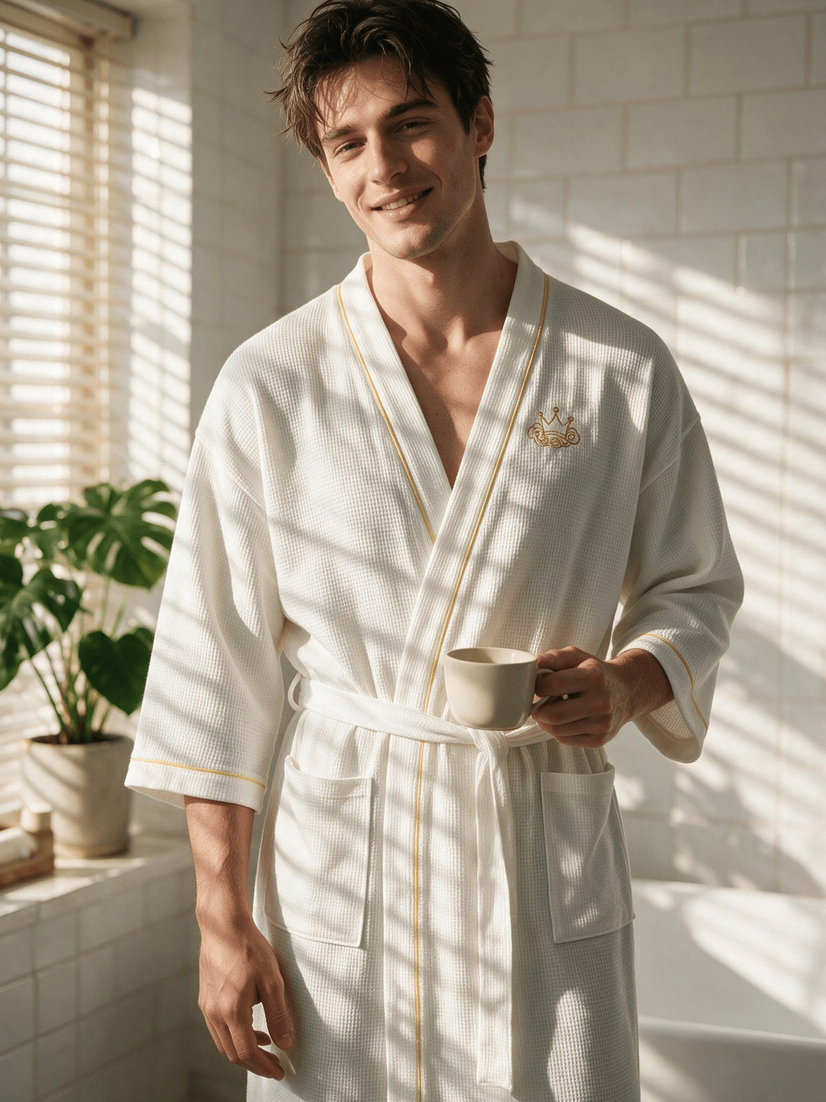 Men's black waffle bathrobe