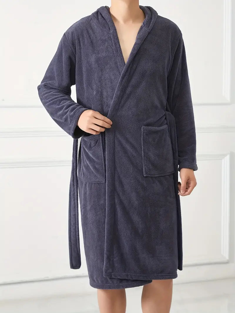 Men's short hooded fleece bathrobe