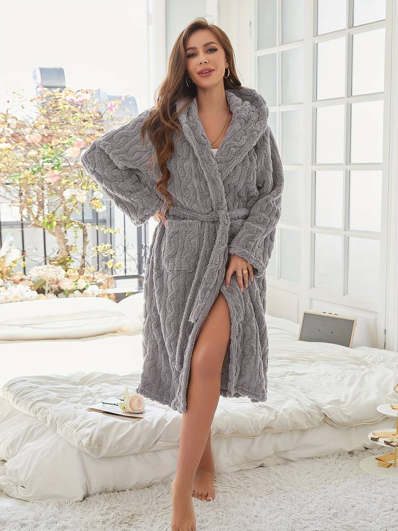Women's warm hooded fleece bathrobe — Grey