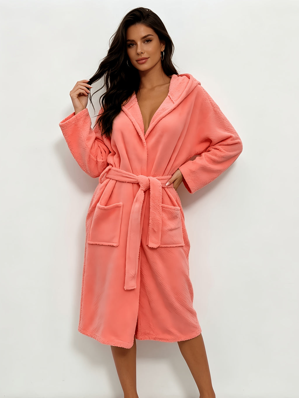 Red hooded tartan fleece bathrobe