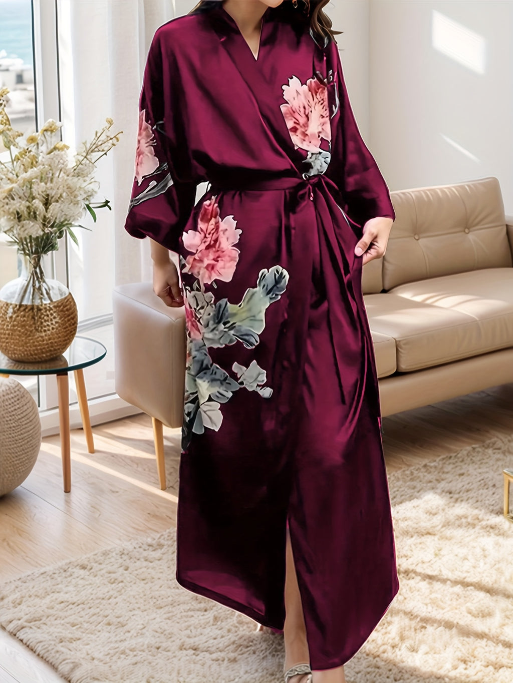 Women's plus size floral satin robe