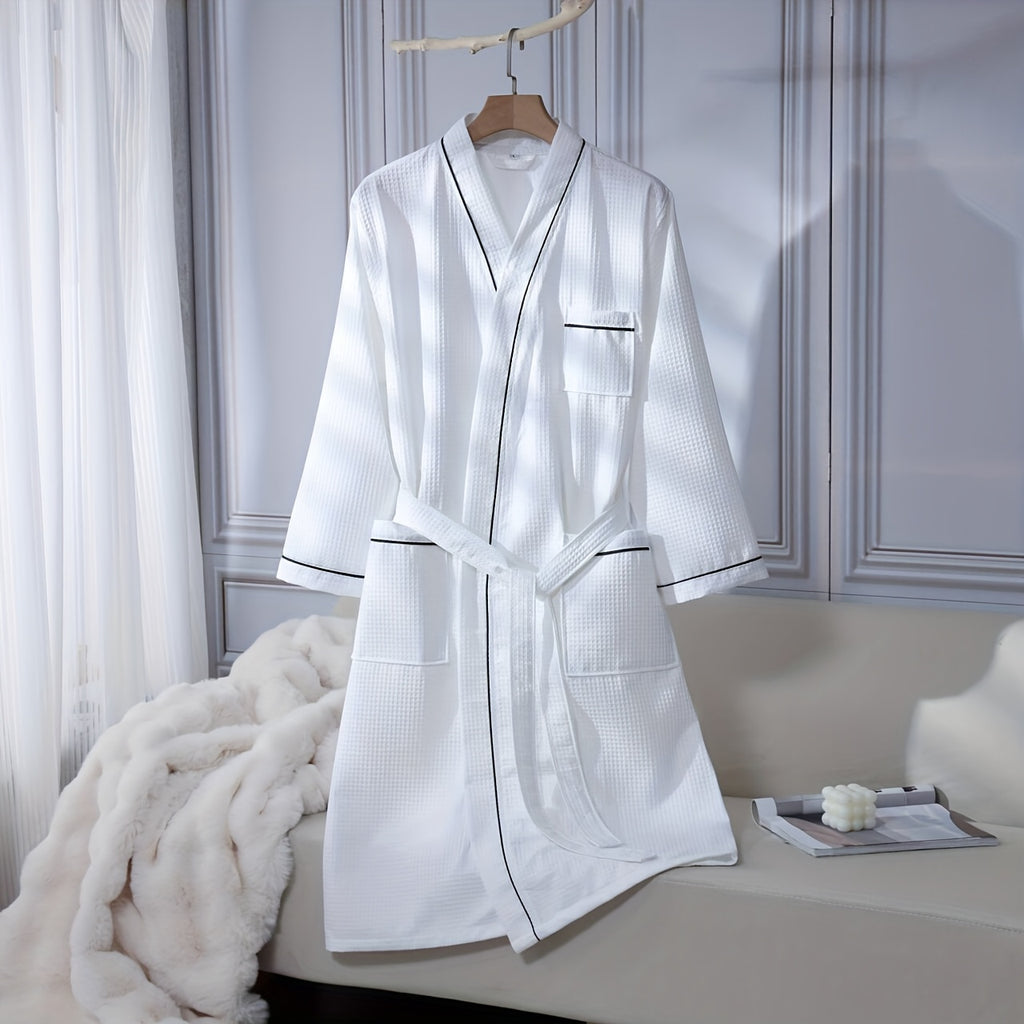 Unisex white long waffle bathrobe with pockets