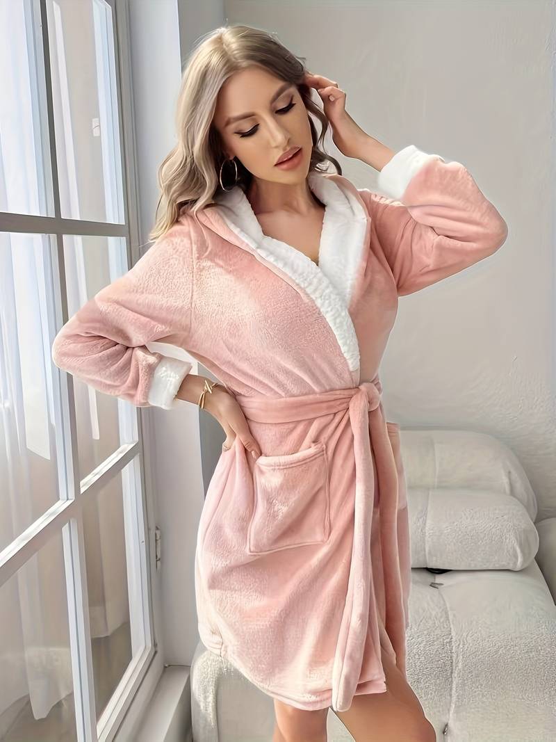 Women's short pink hooded fleece bathrobe