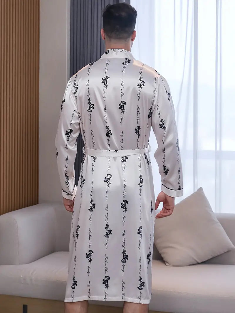 Men's long white satin kimono robe, plus size
