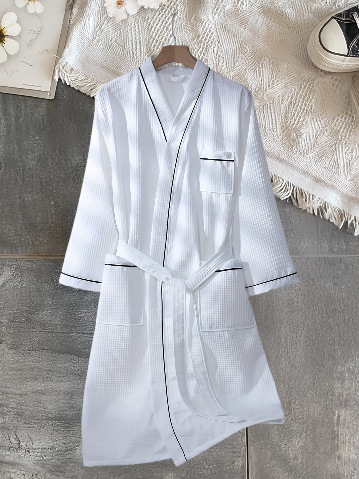 Unisex white long waffle bathrobe with pockets