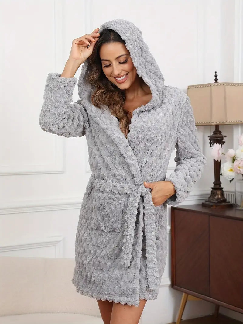 Women's short hooded fleece dressing gown