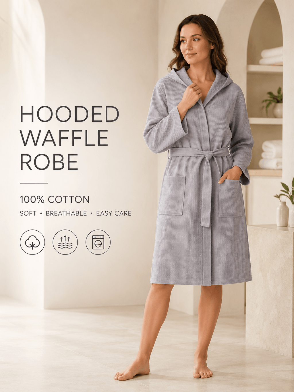 Women's hooded waffle bathrobe