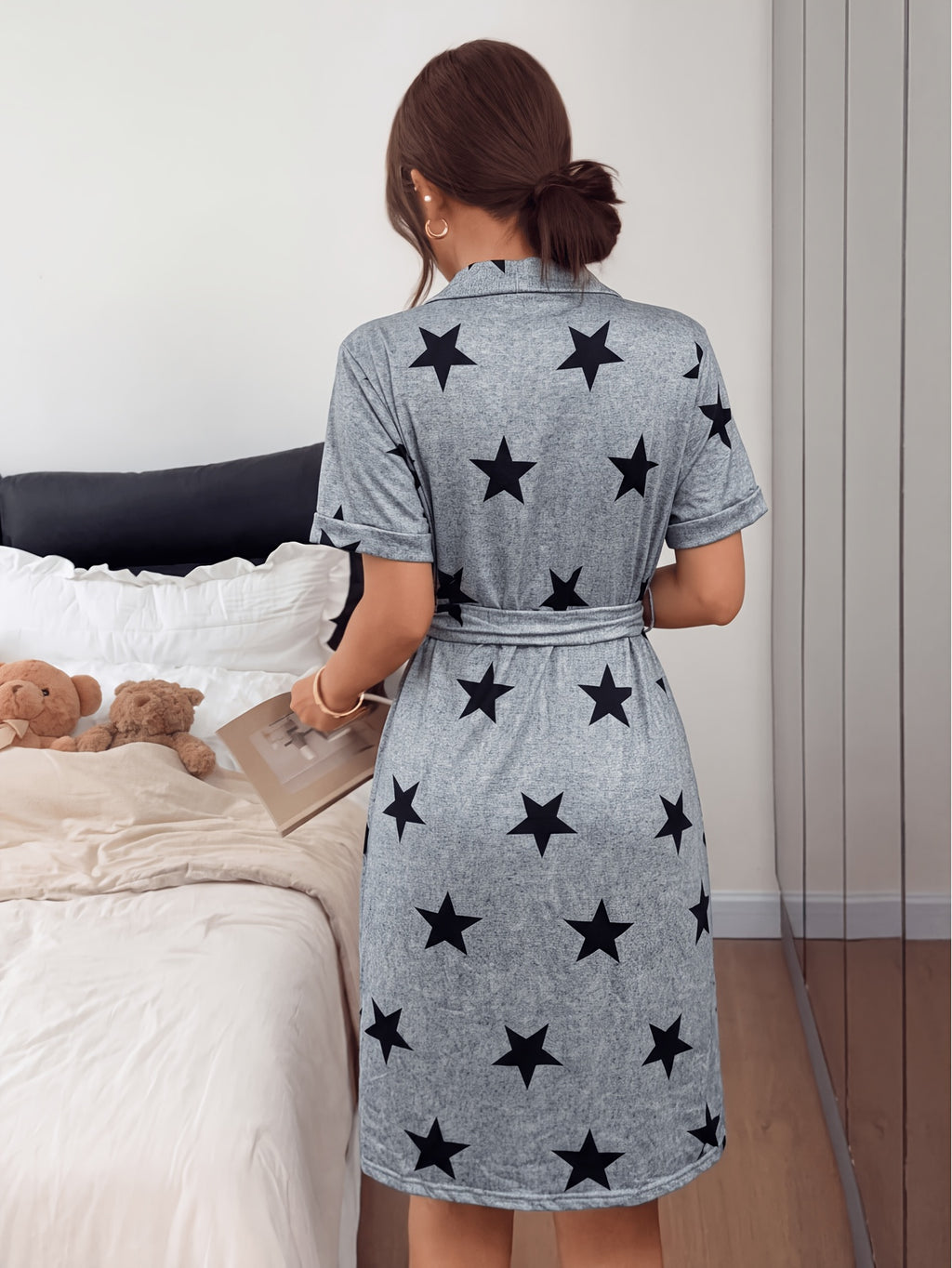 Women's grey star print dressing gown
