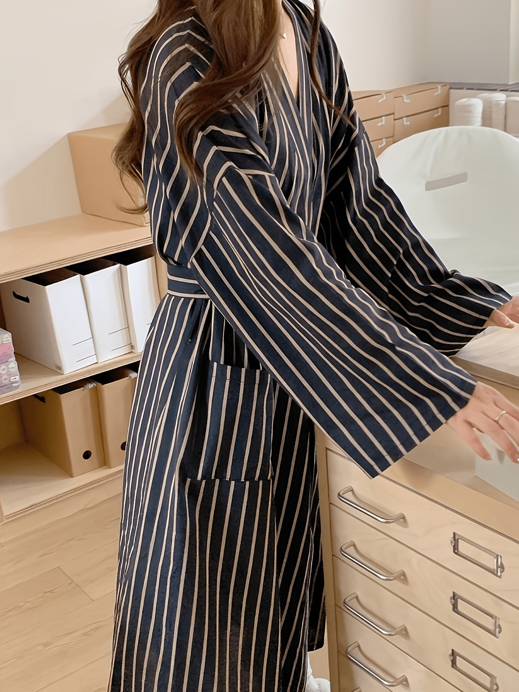 Women's navy striped satin dressing gown
