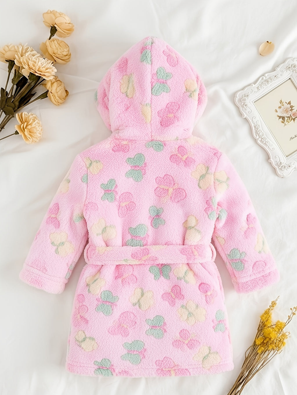 Baby pink hooded towelling bathrobe