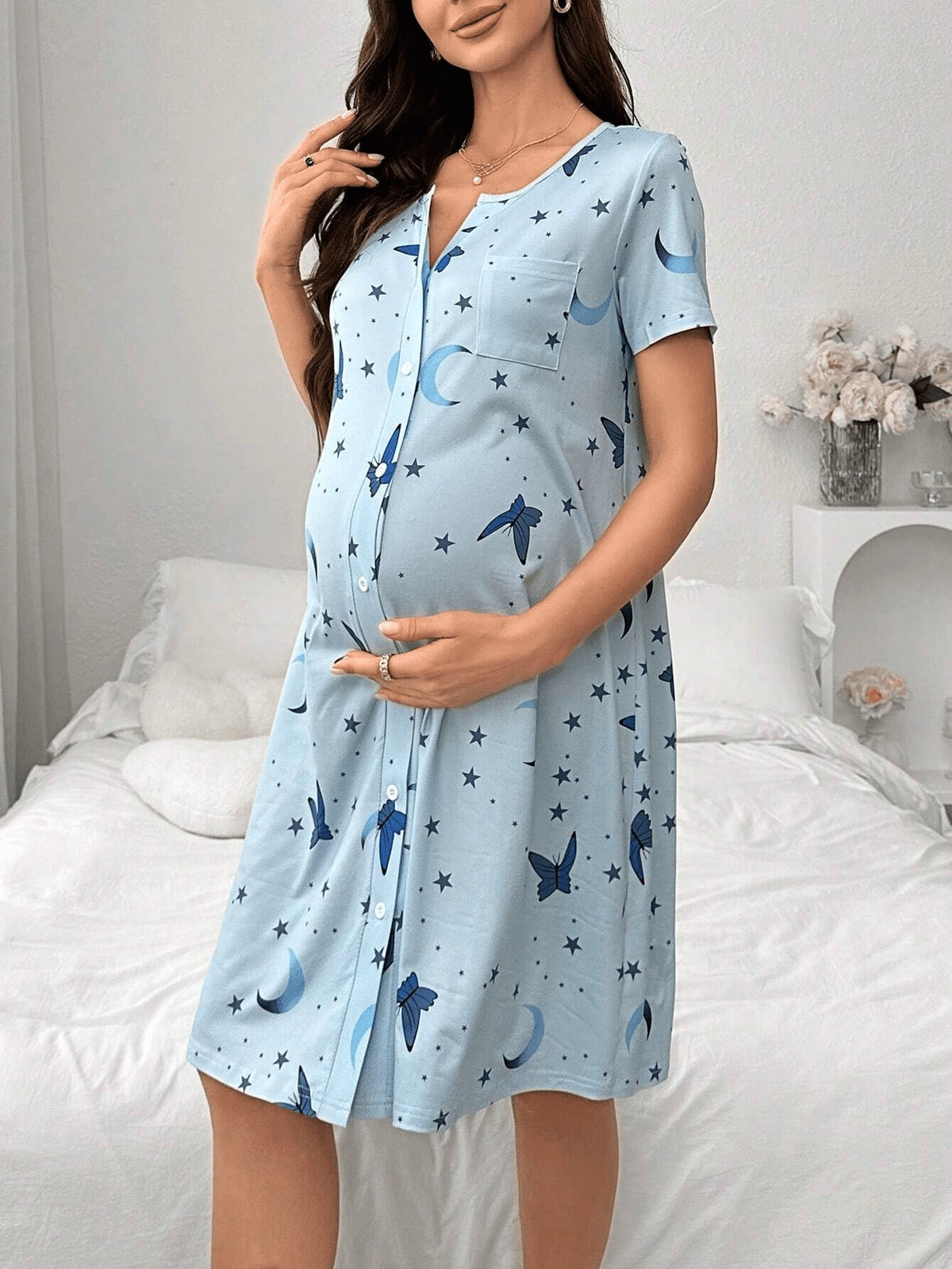 Women's blue butterfly print maternity nightdress