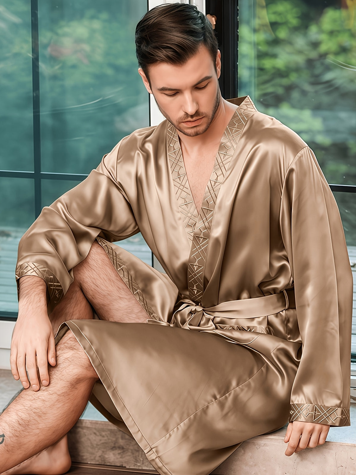 Men's champagne mulberry silk dressing gown