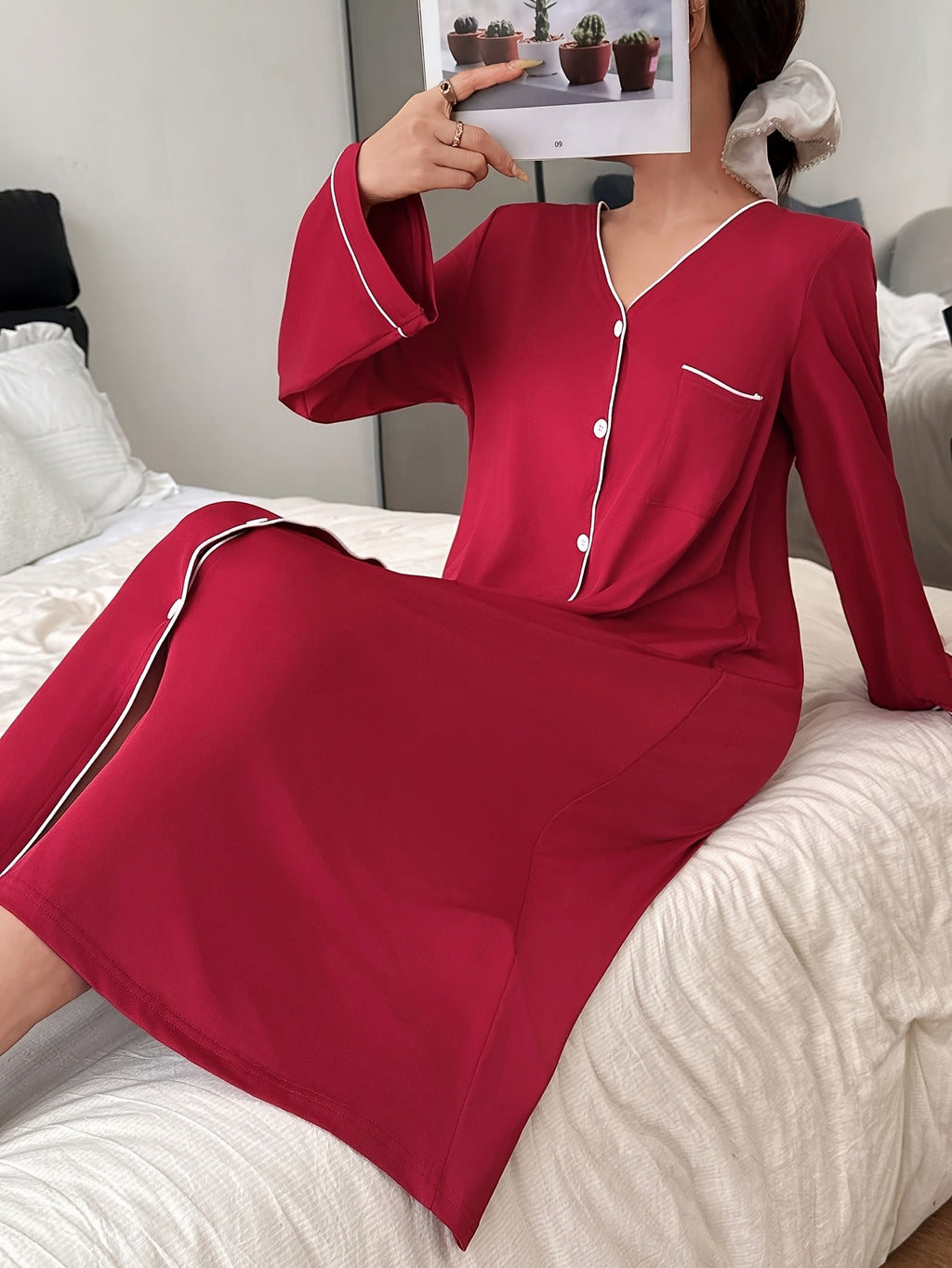 Women's burgundy button-up nightdress