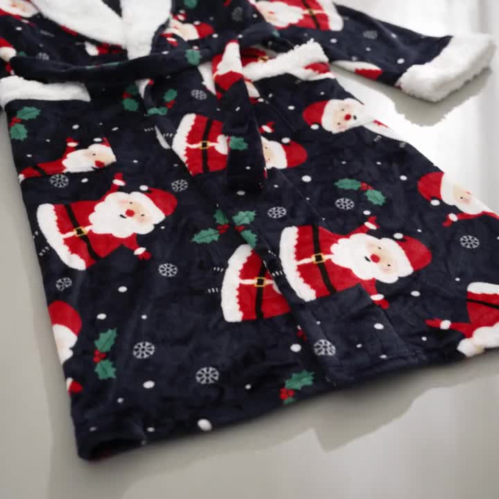 Women's navy Santa print fleece dressing gown