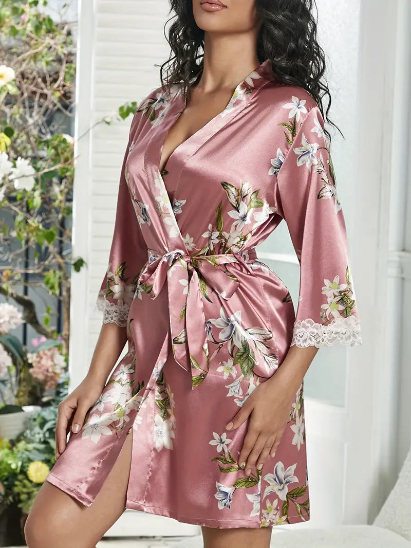 Women's short pink floral satin kimono robe