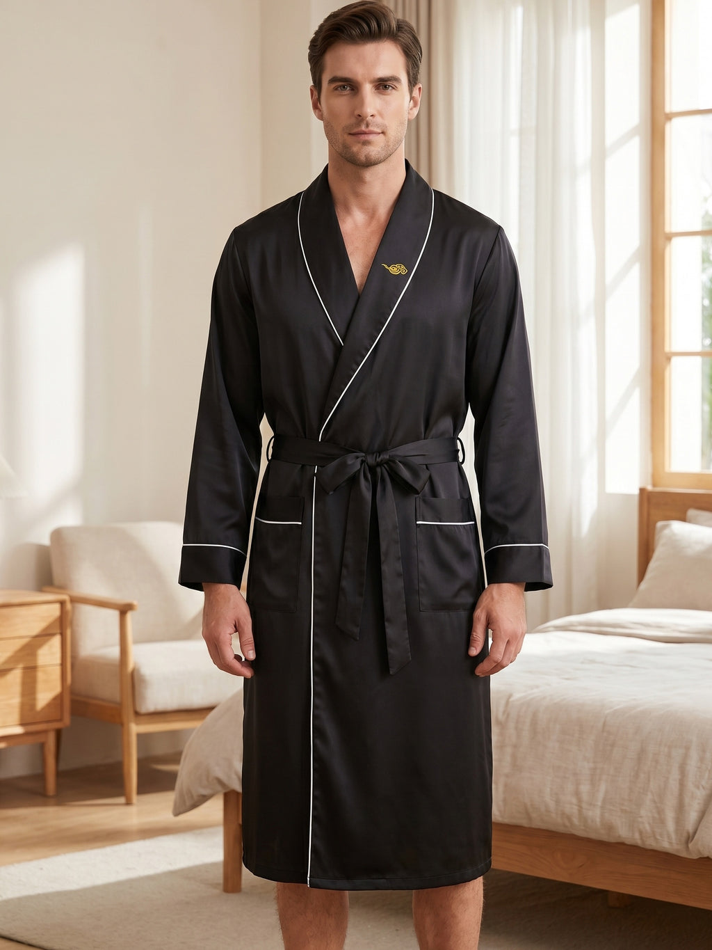 Men's embroidered satin dressing gown and shorts set