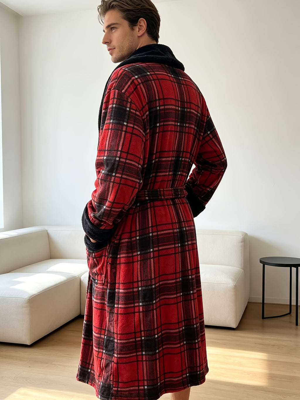 Men's red plaid coral fleece dressing gown