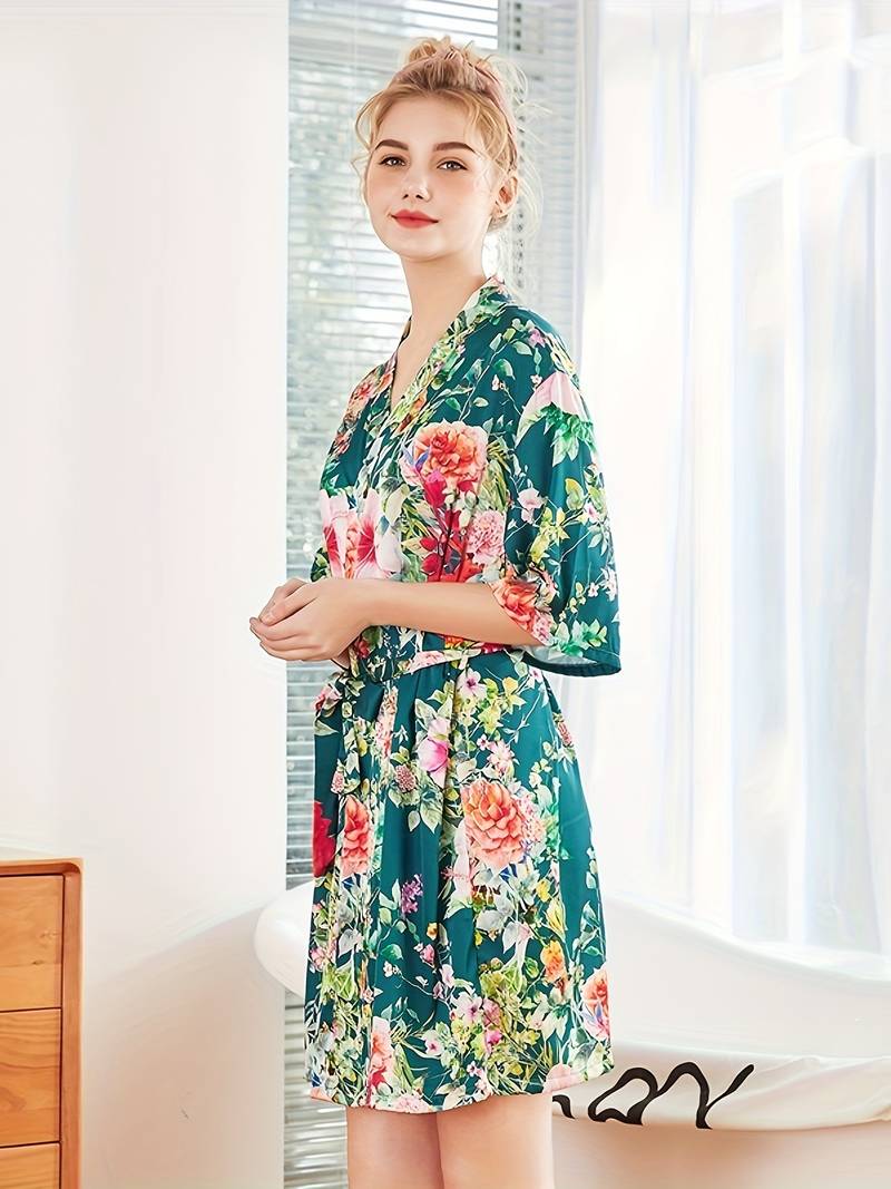 Women's short green floral satin kimono robe