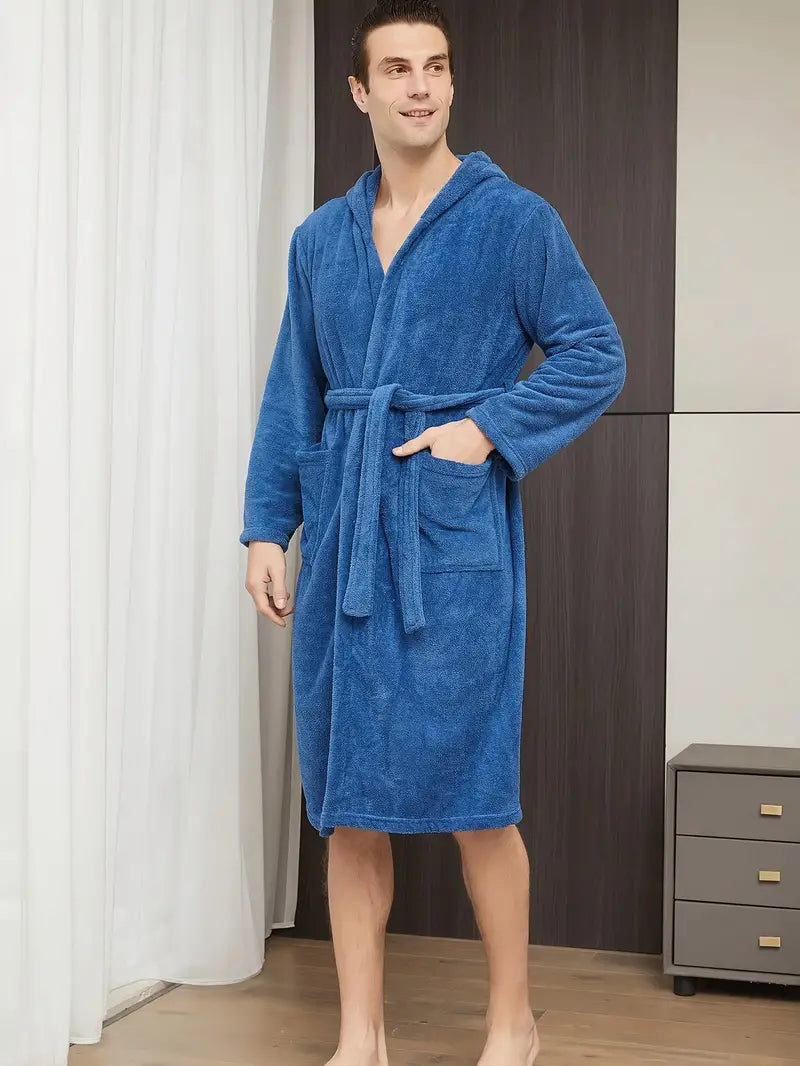 Men's blue hooded fleece bathrobe