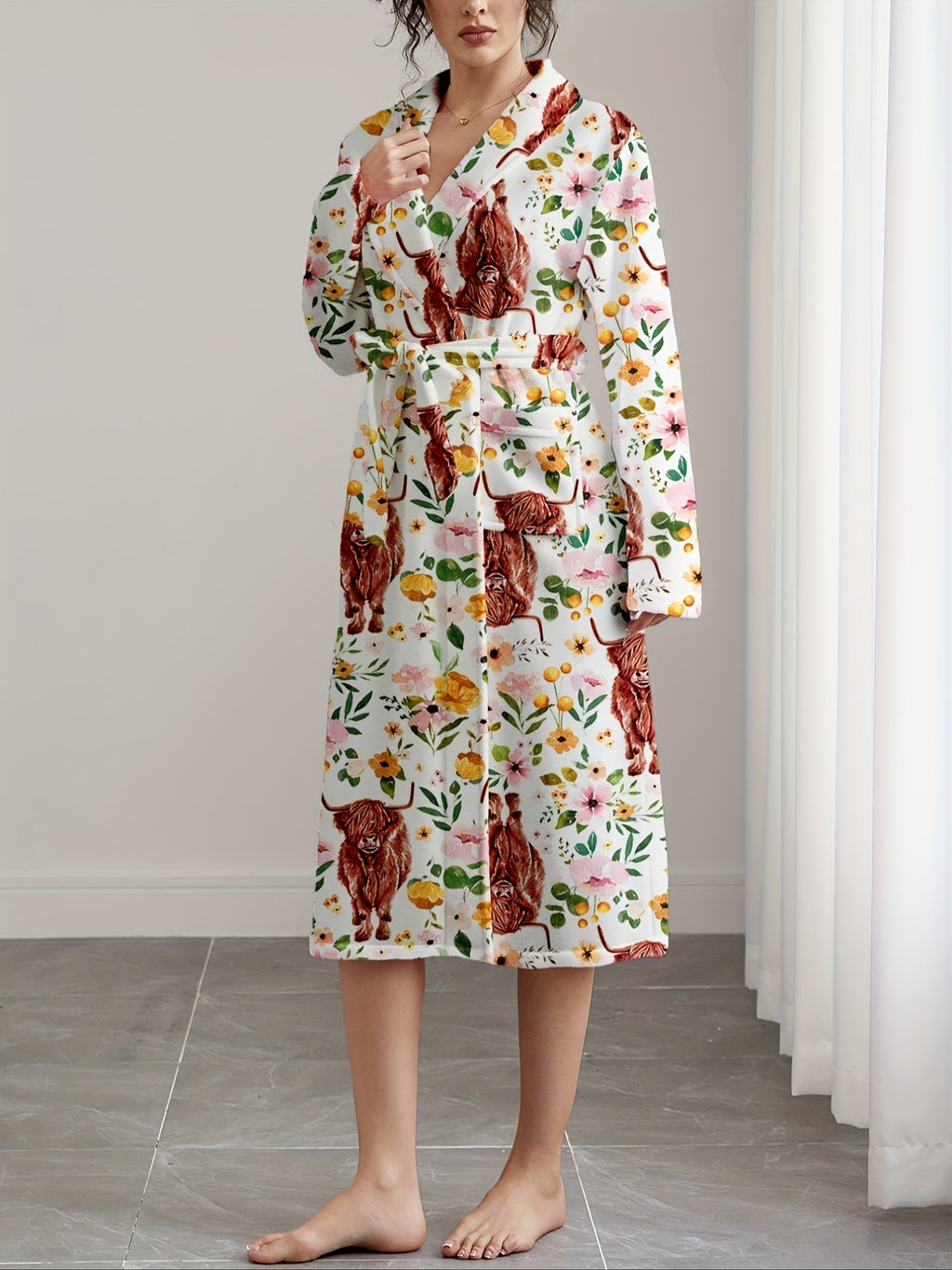 Women's Highland cow print flannel dressing gown