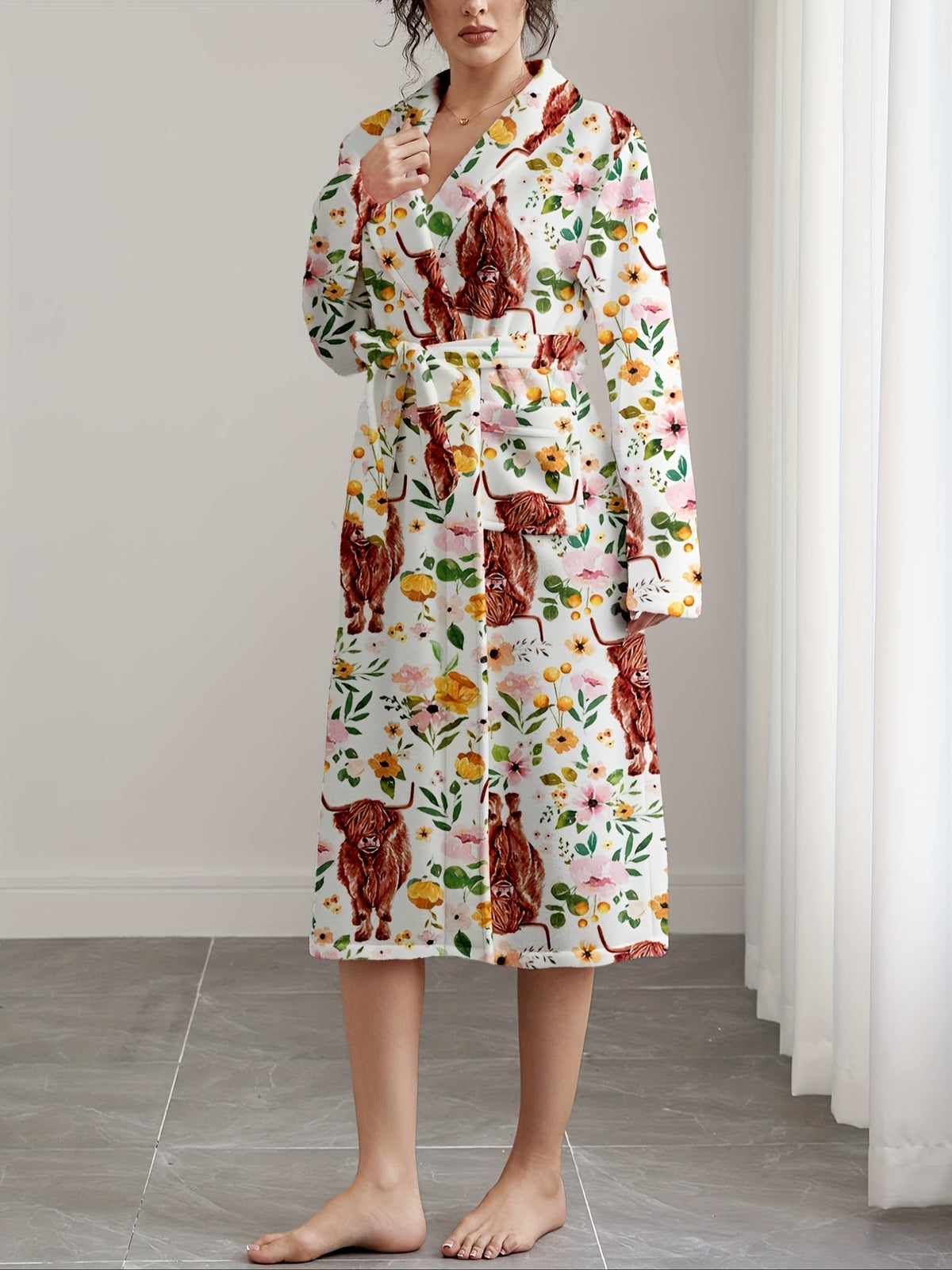 Women's Highland cow print flannel dressing gown