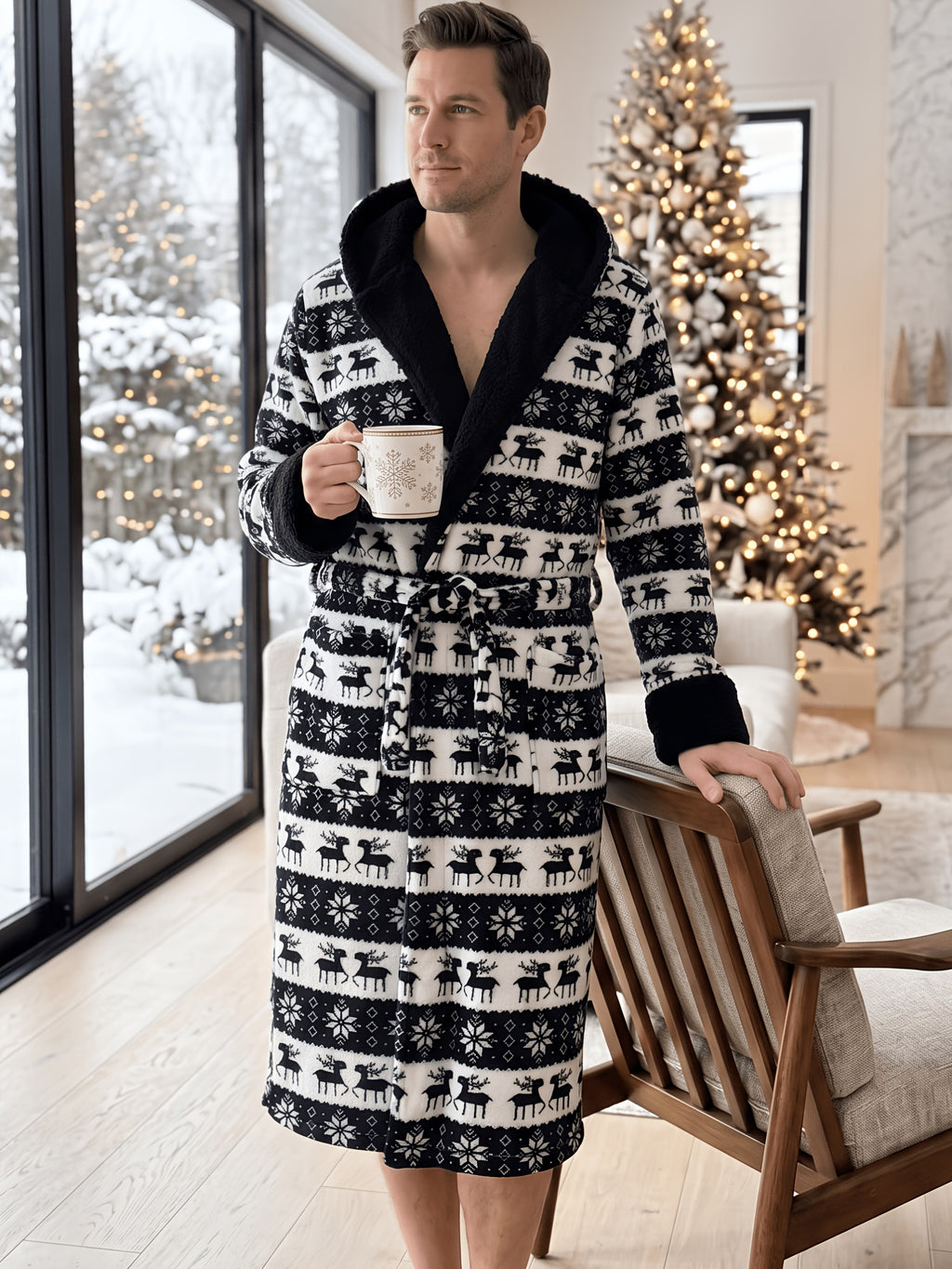 Men's black Fair Isle hooded Christmas dressing gown