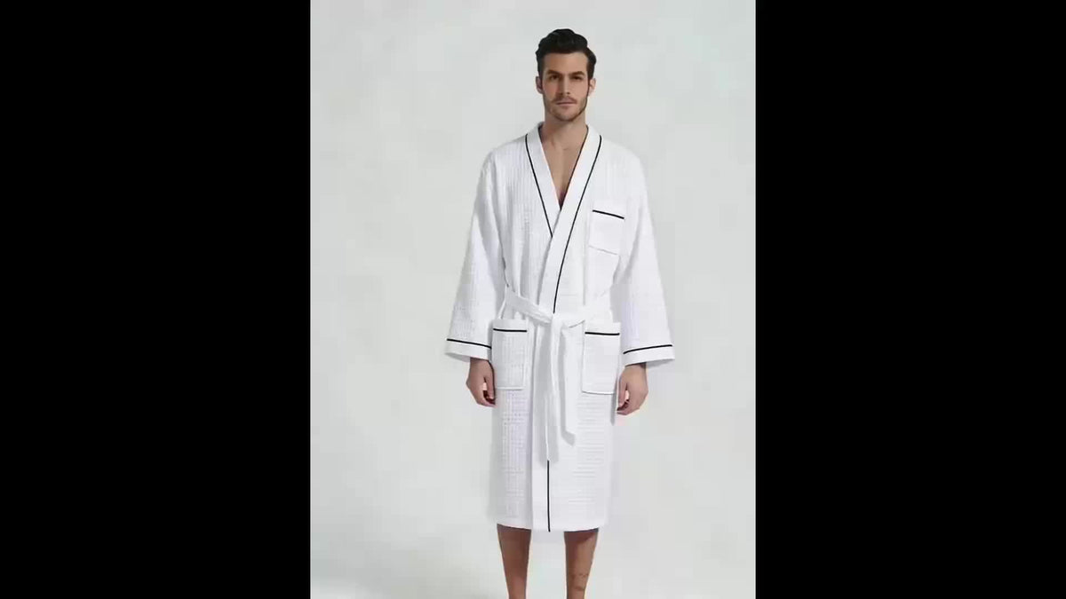 Unisex white long waffle bathrobe with pockets