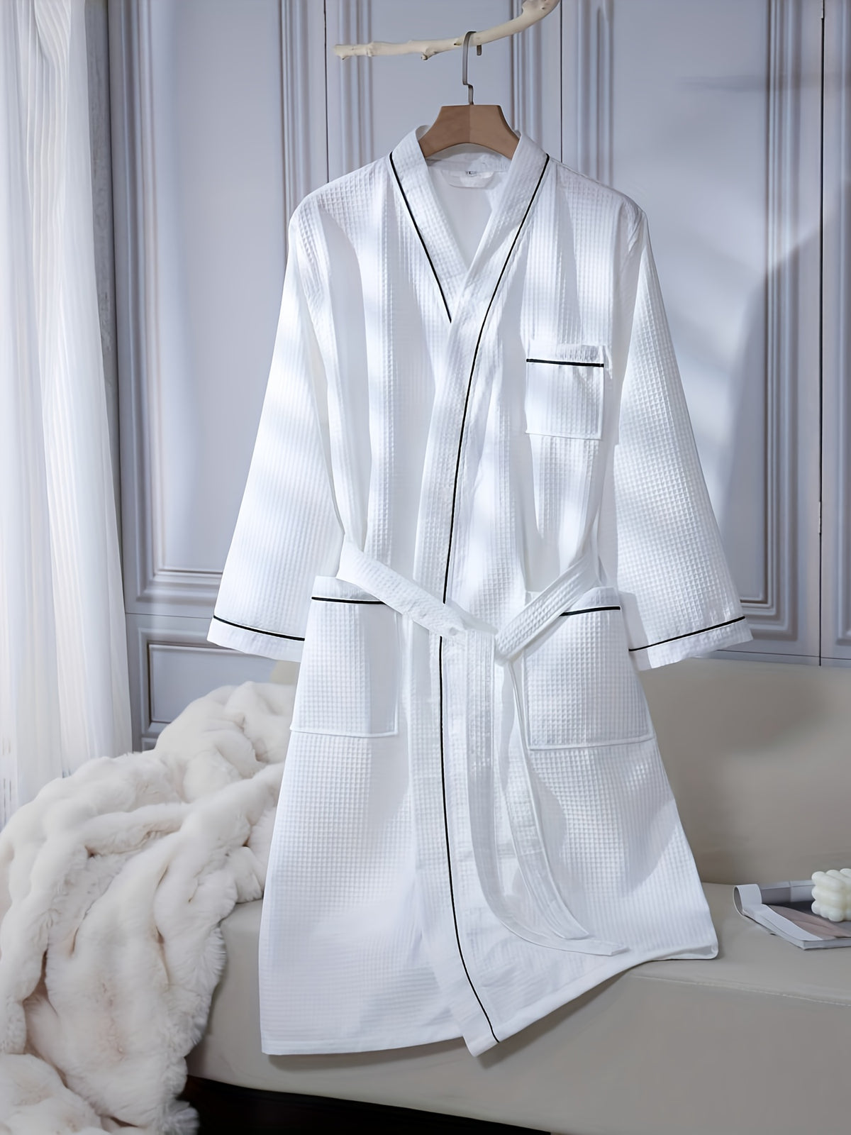 Unisex white long waffle bathrobe with pockets