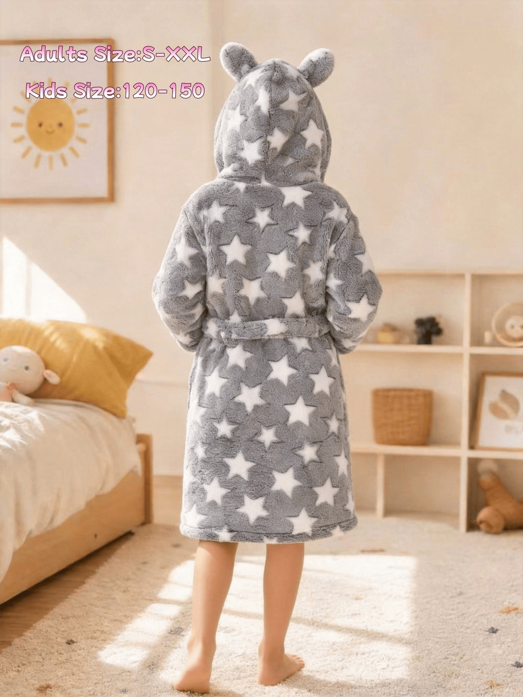 Girls' grey heart print hooded fleece dressing gown
