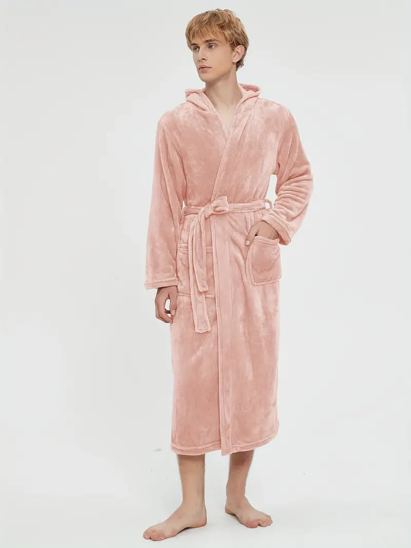 Men's hooded fleece bathrobe, charcoal