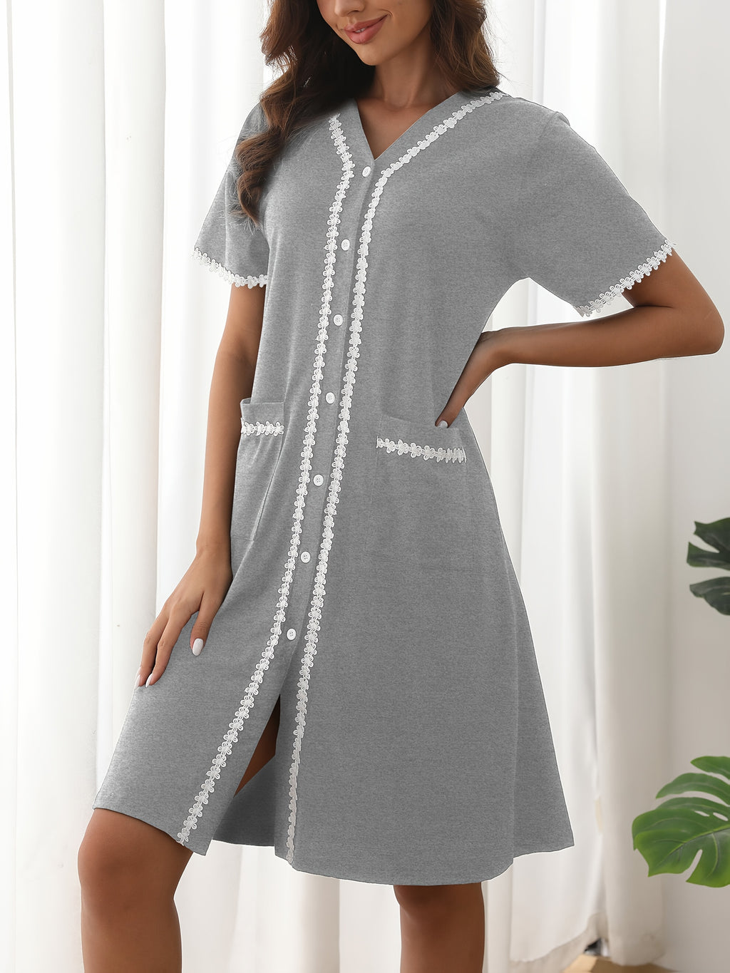 Women's black button-up dressing gown with pearl buttons