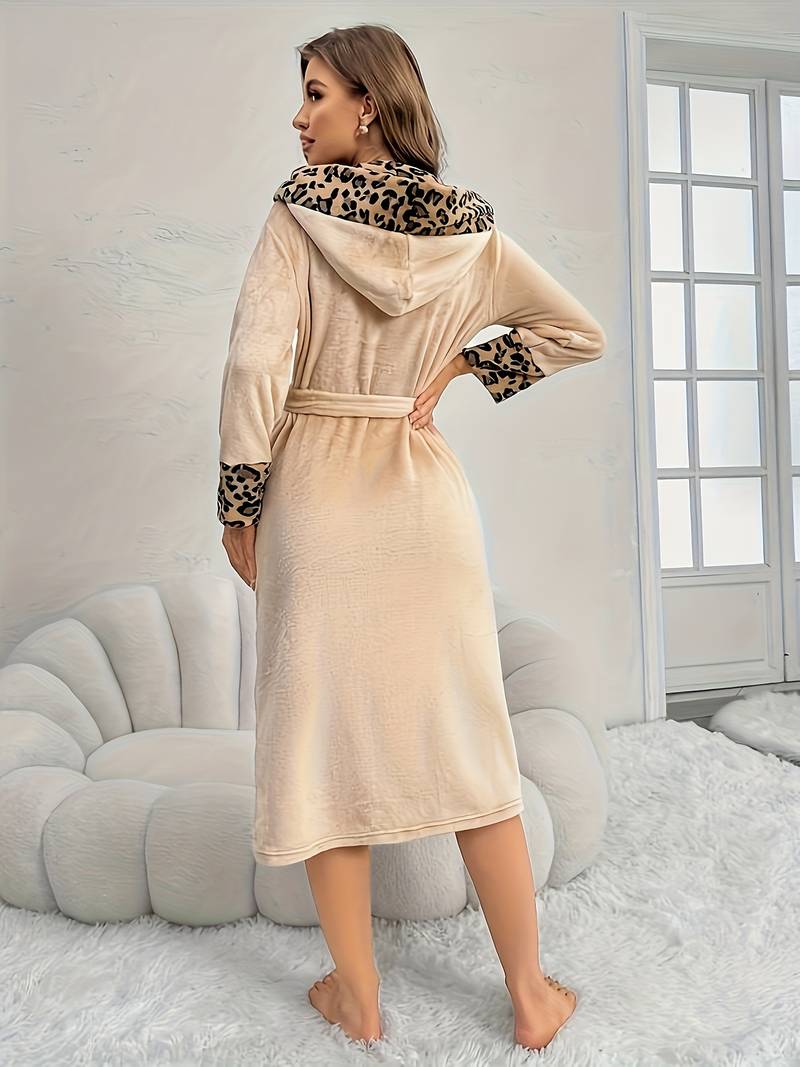 Women's long leopard print fleece bathrobe