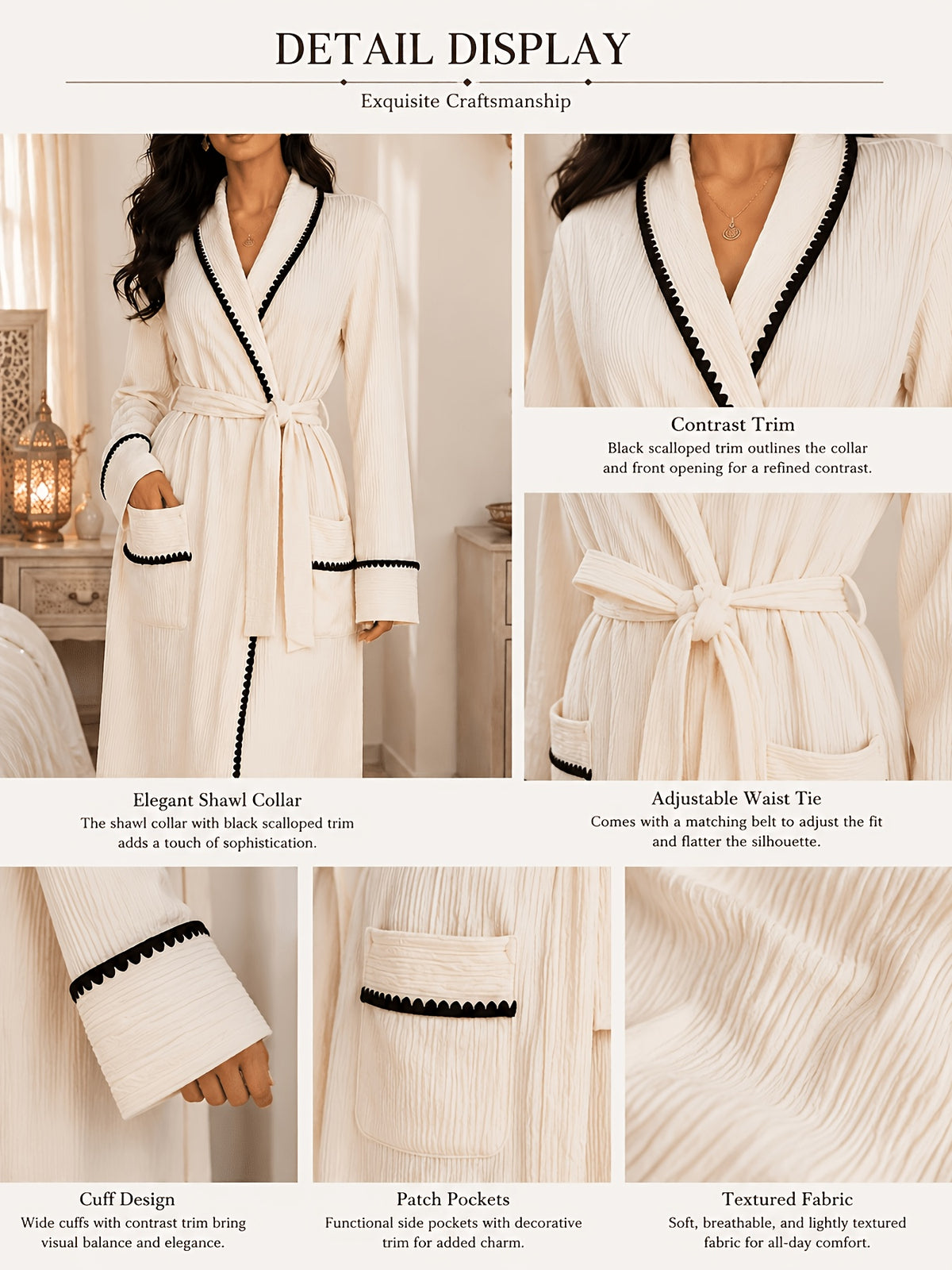 Women's cream long dressing gown with contrast trim
