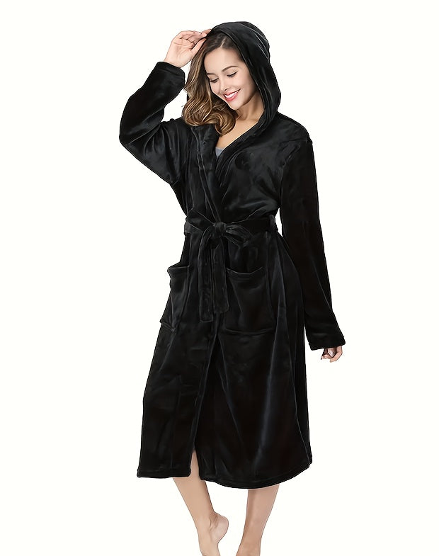 Women's long hooded flannel bathrobe