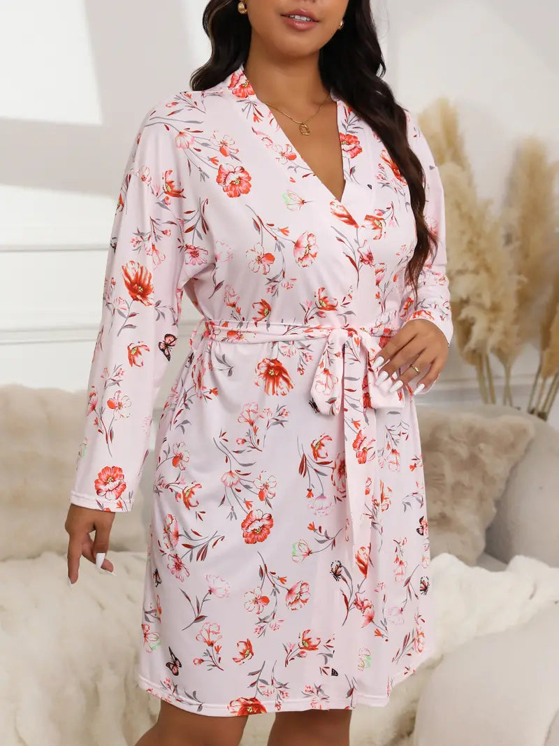 Women's short floral satin dressing gown, plus size