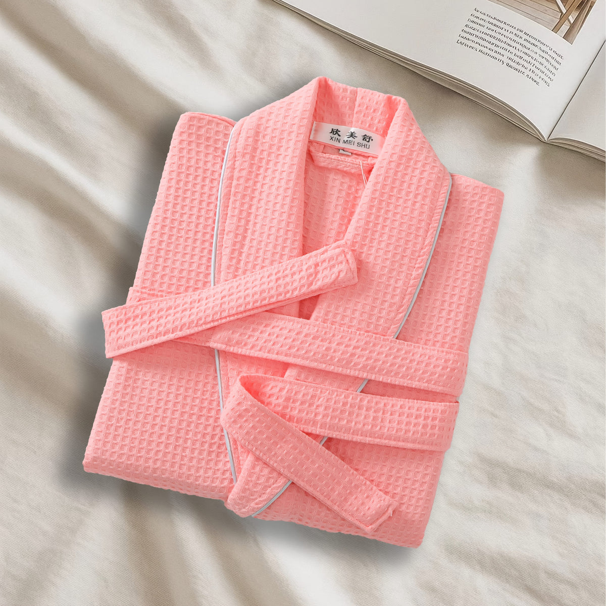 Unisex white tartan waffle bathrobe