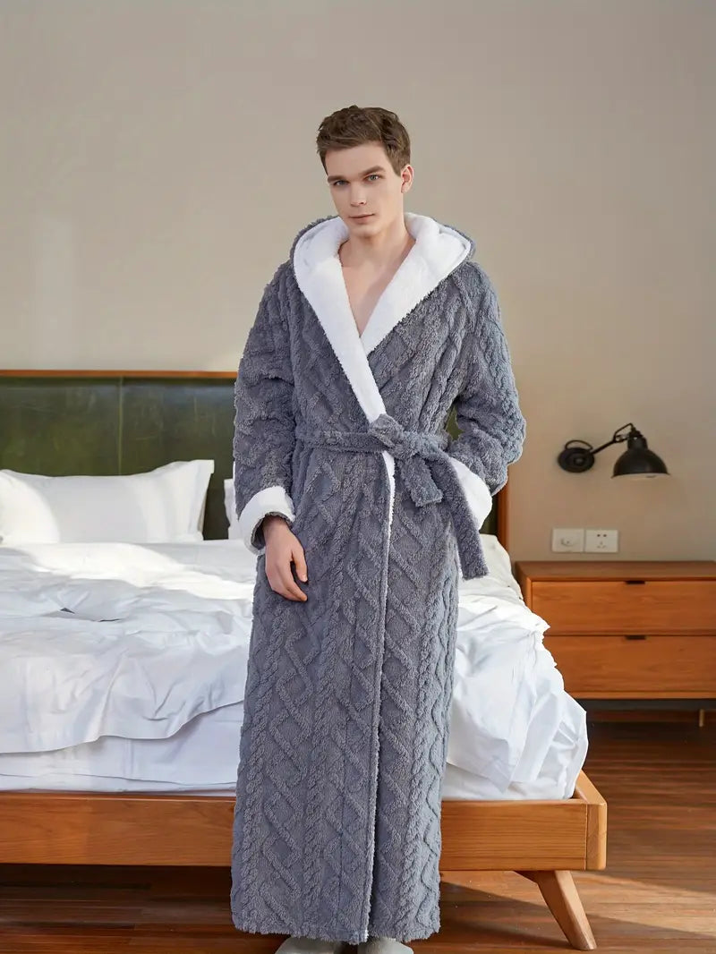 Thick hooded towelling bathrobe