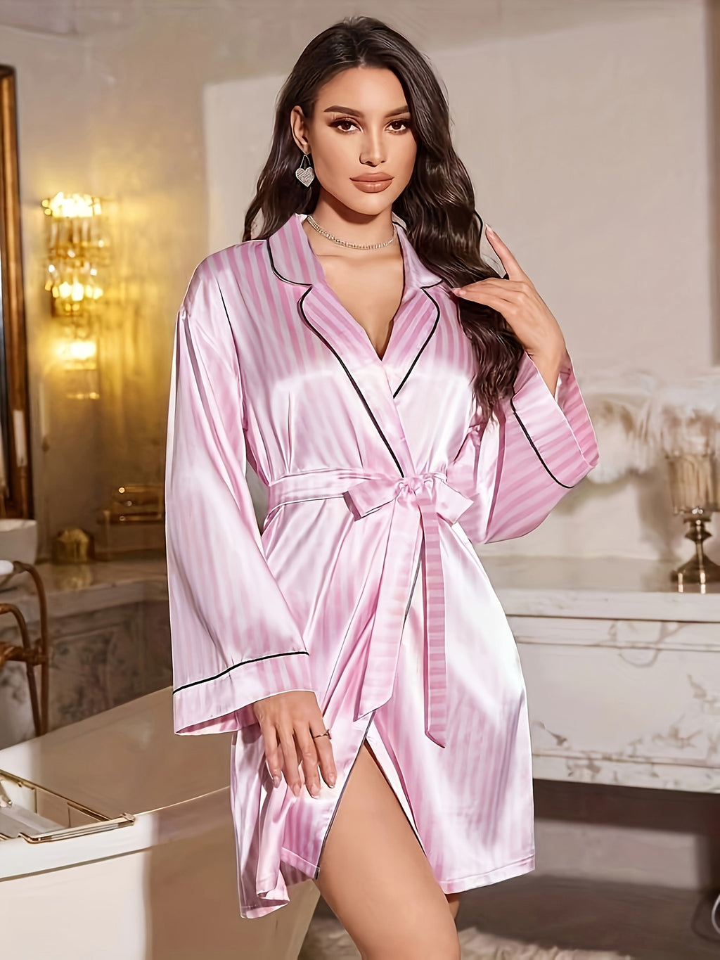 Women's pink striped satin dressing gown