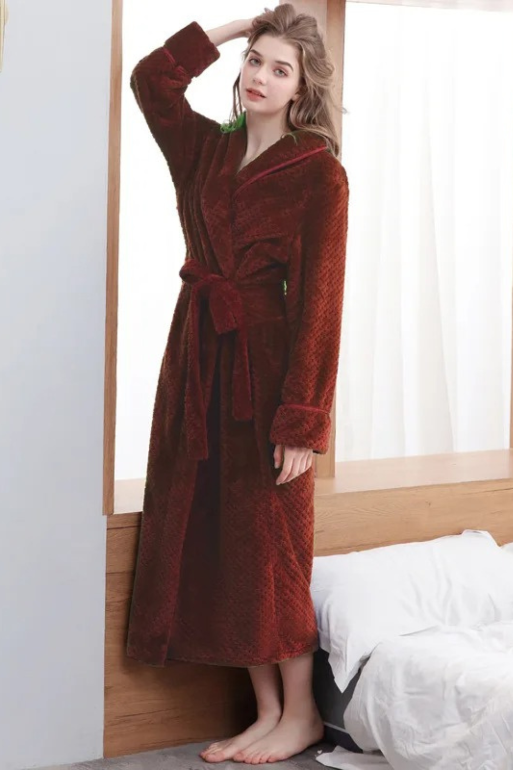 Women's long fleece dressing gown, ultra-soft — Burgundy