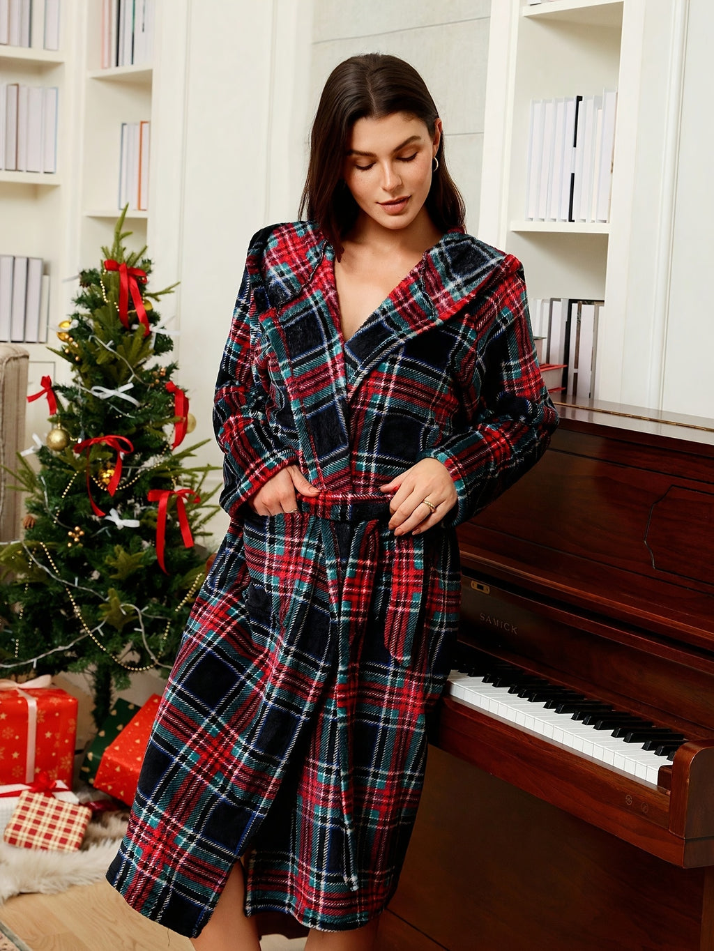 Women's red tartan hooded fleece dressing gown