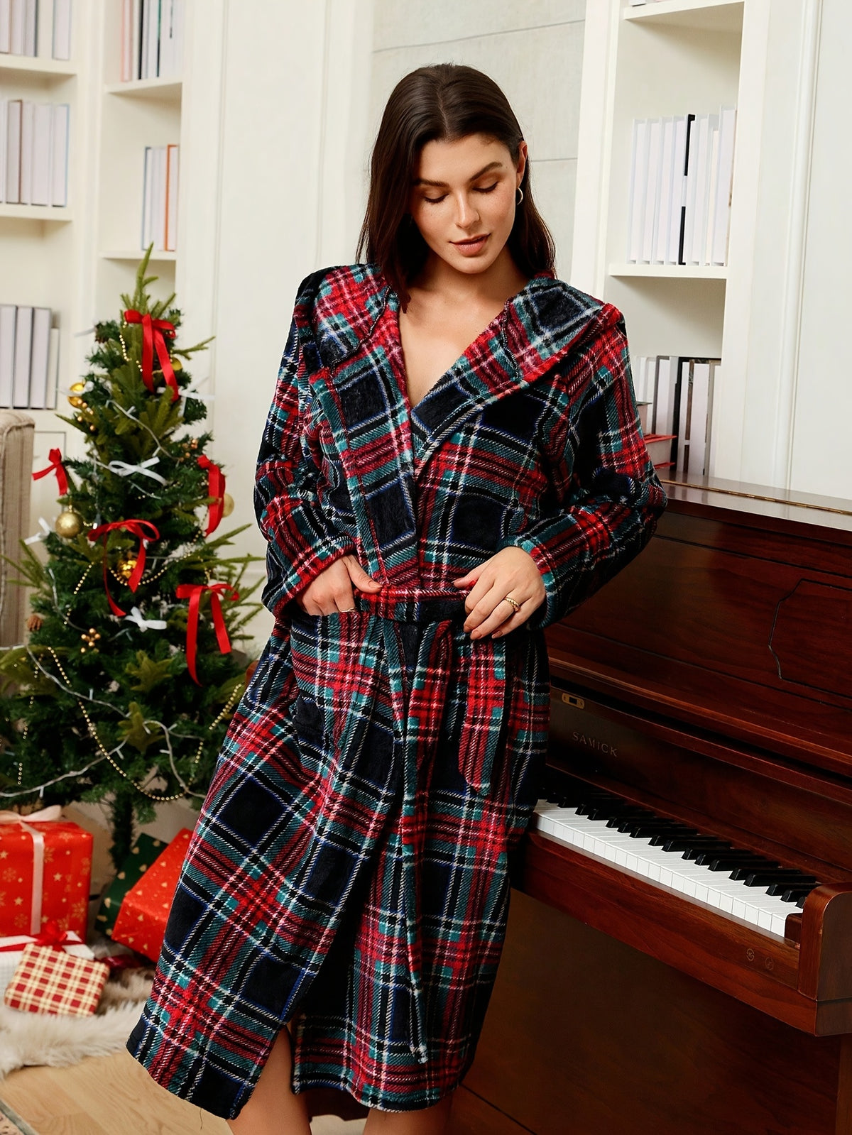 Women's red tartan hooded fleece dressing gown